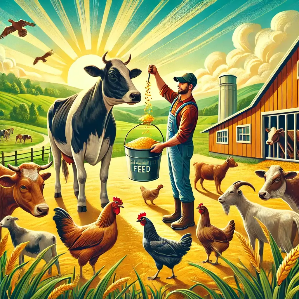 An artistic depiction of a balanced livestock diet with a circular representation of grains, vitamins, minerals, and proteins, surrounded by illustrations of healthy cows, goats, and chickens in a lush green pasture.