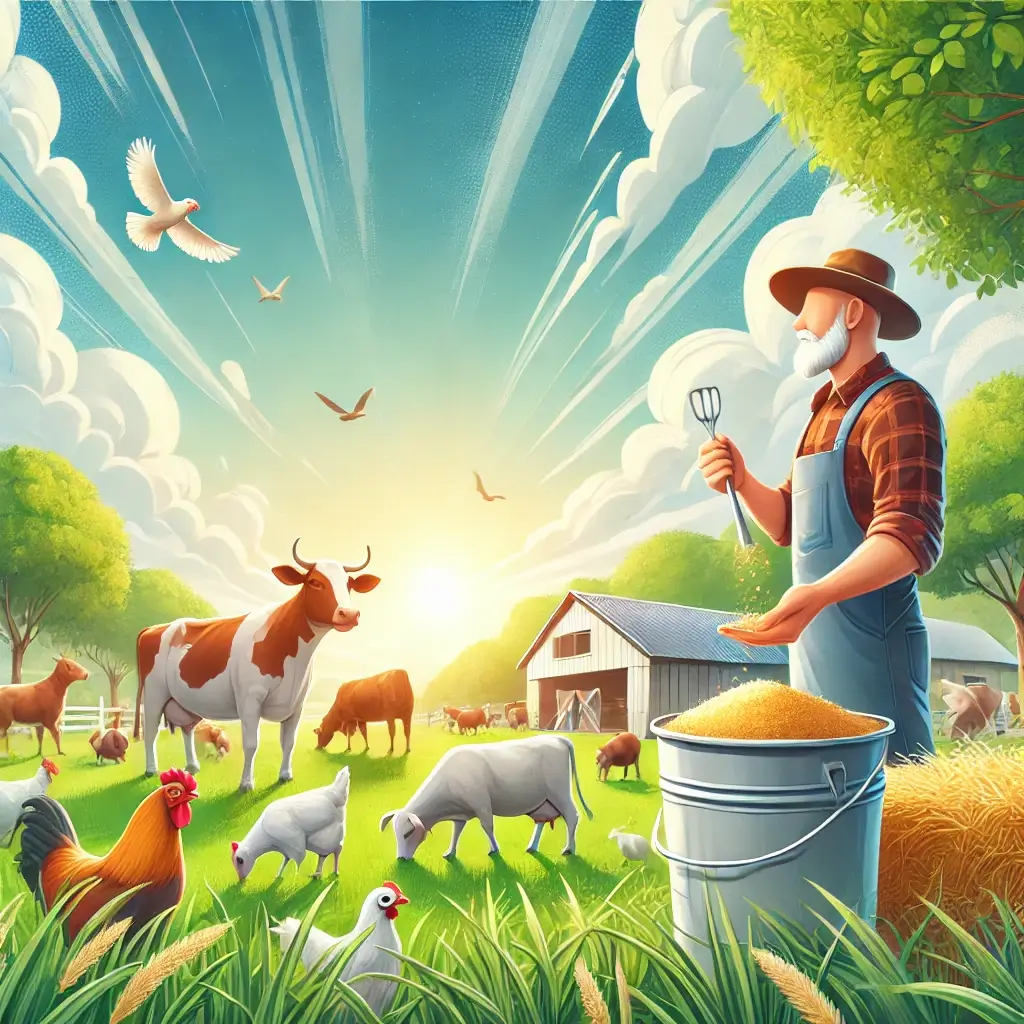 A vibrant farm scene showing cows, goats, and chickens grazing on green pastures under a clear blue sky, with a farmer holding a bucket of feed.