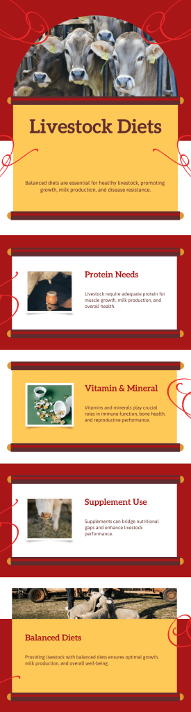 A circular chart illustrating livestock nutritional needs (proteins, vitamins, minerals, supplements) surrounded by animal illustrations and health benefits like growth, milk, and immunity.